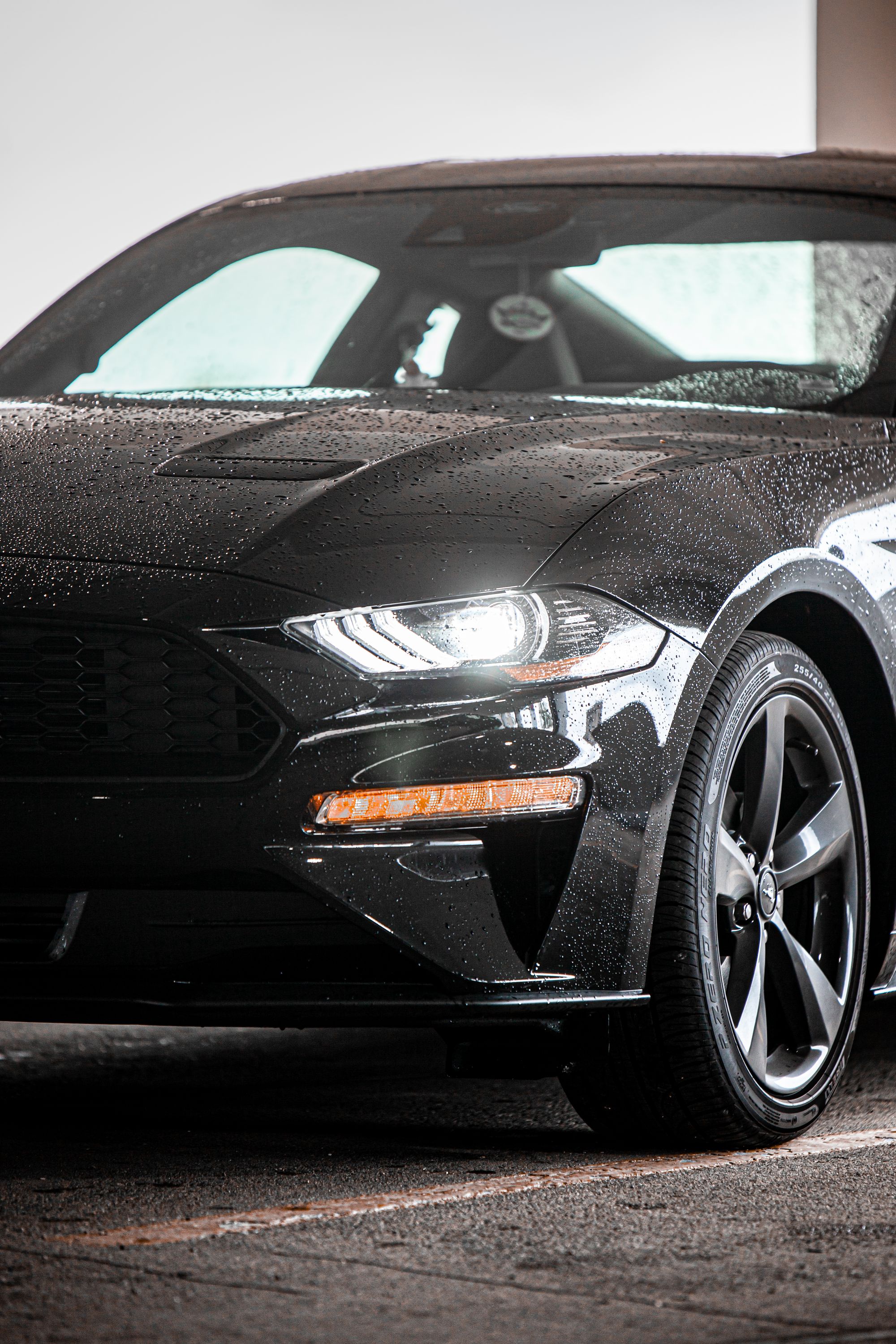 Water droplets reflecting light on dark vehicle paint